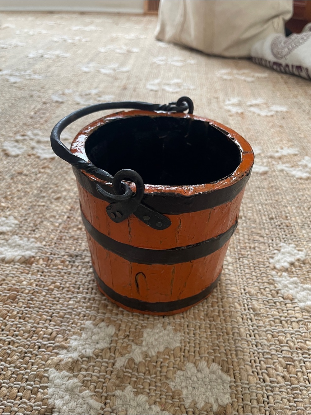 Antique Primitive Wooden Forged Iron Rice Berry Bucket  Orange